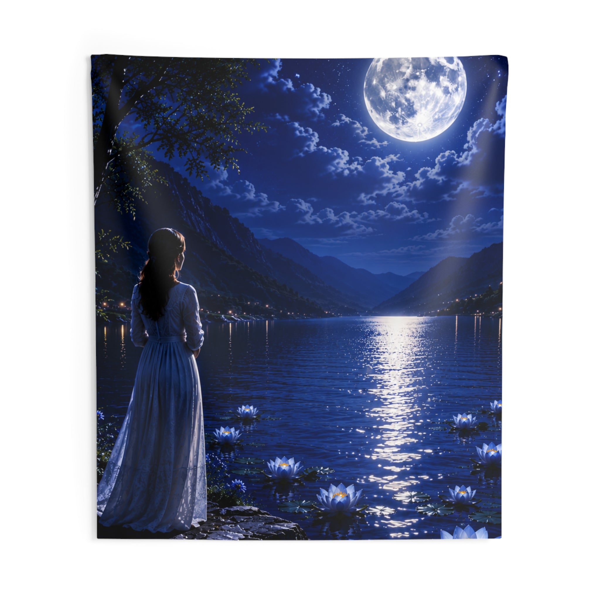 Moonlit Lake Tapestry — Woman Gazing at Full Moon Over Serene Water