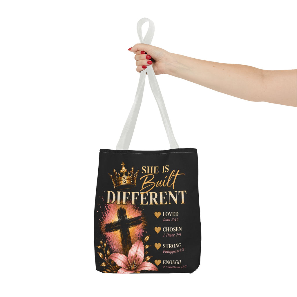 She Is Built Different Christian Tote Bag – Inspirational Faith Cross Design