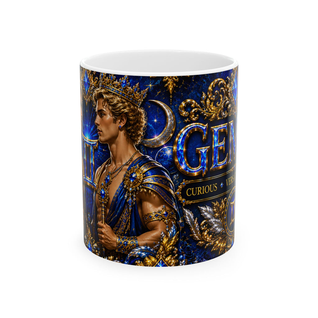 Zodiac Gemini Ceramic Mug — Mythic Blue Gold Astrology Coffee Cup (11oz & 15oz)