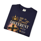 She Is Built Different Christian T-Shirt — Cross, Crown & Lily Faith Tee