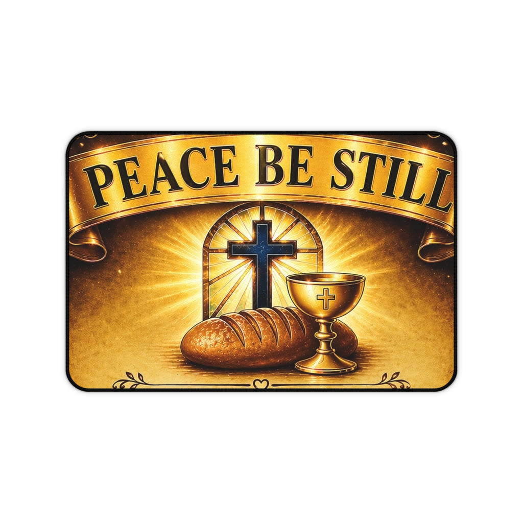 Peace Be Still Desk Mat — Christian Cross, Bread & Chalice Spiritual Mouse Pad