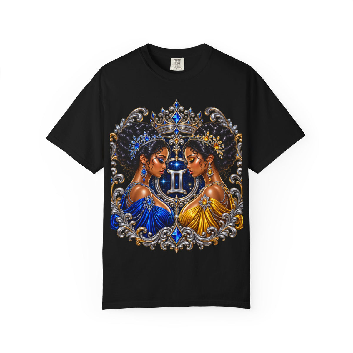 Gemini Zodiac Twin Queens T-Shirt — Elegant Blue & Gold Astrology Tee