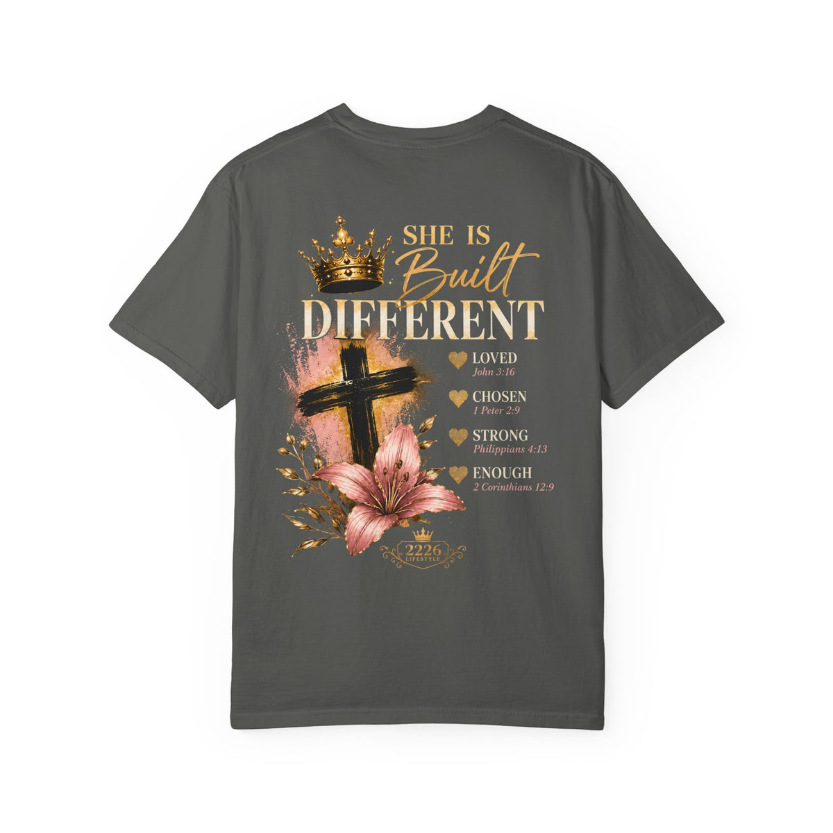 Built Right T-Shirt — Christian Faith Floral Cross Tee (She Is Built Different)