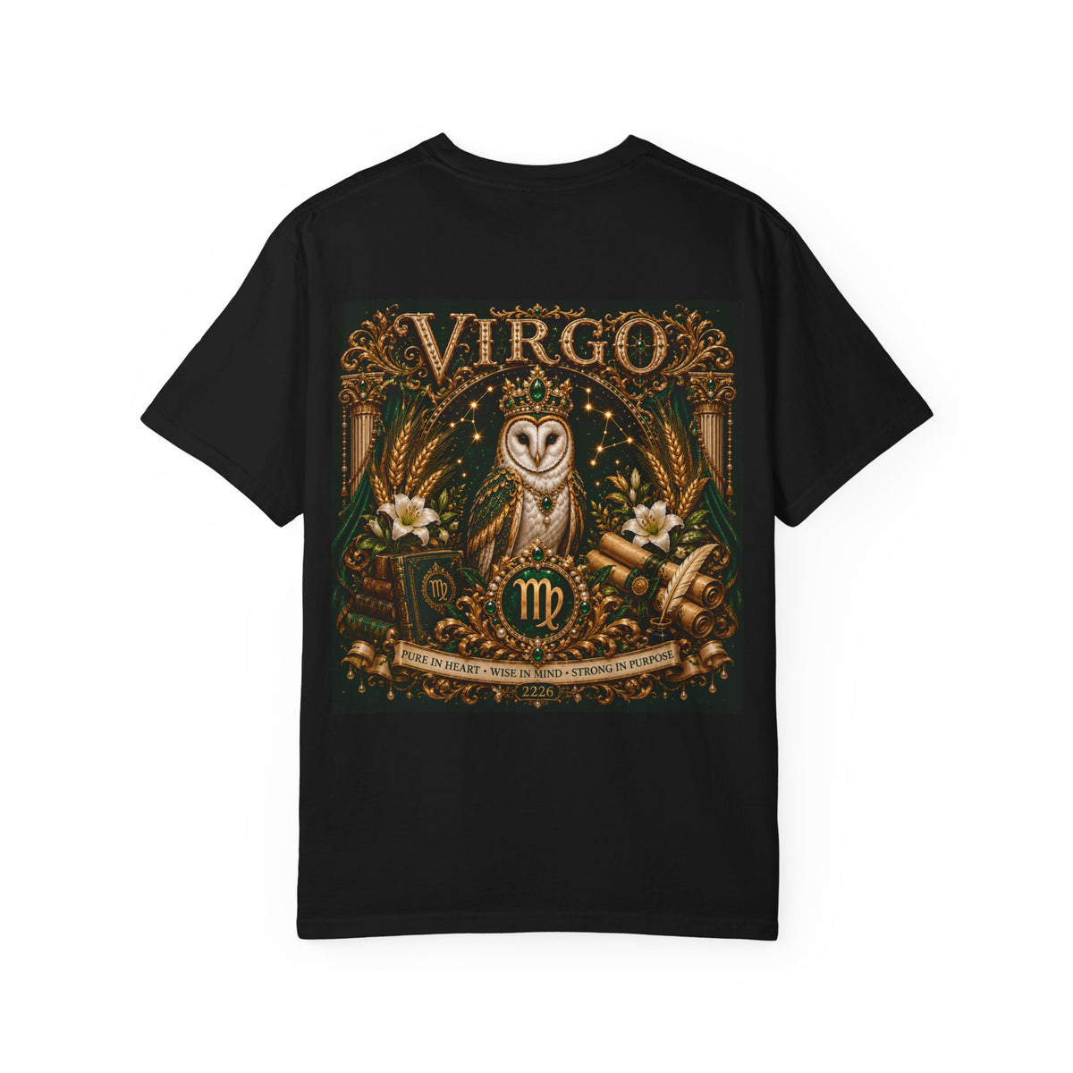 Virgo Zodiac T-Shirt — Elegant Virgo Goddess & Owl Horoscope Tee