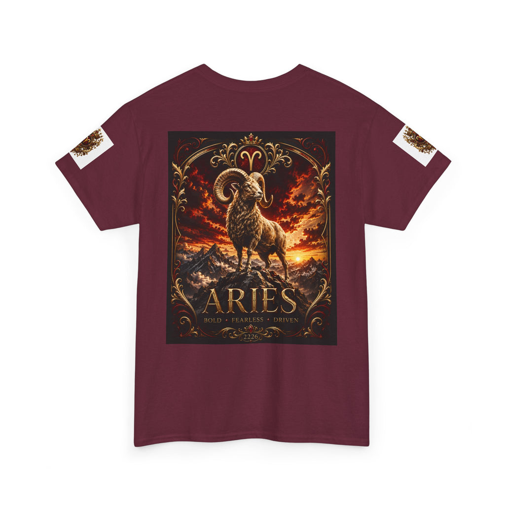 Aries Zodiac T‑Shirt — Mythic Ram Astrology Tee with 'ARIES' Emblem