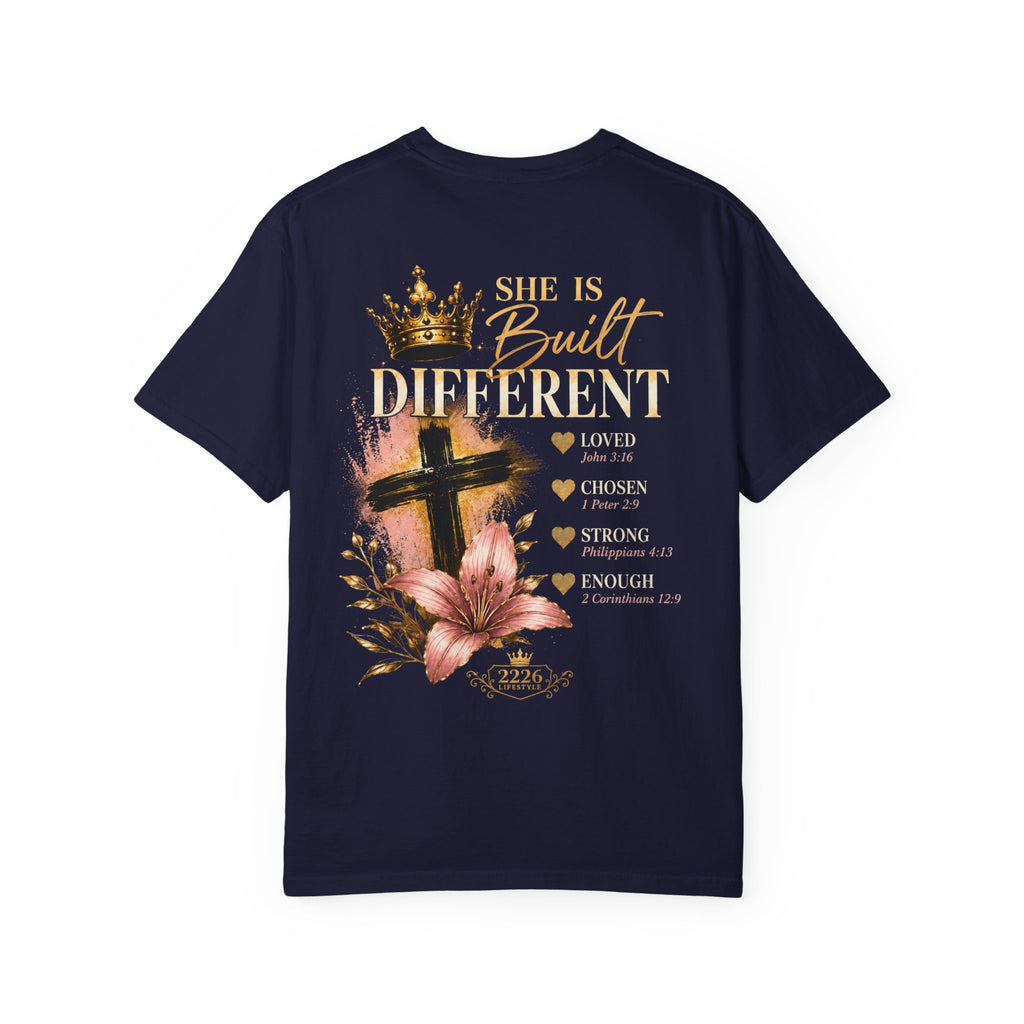 Built Right T-Shirt — Christian Faith Floral Cross Tee (She Is Built Different)