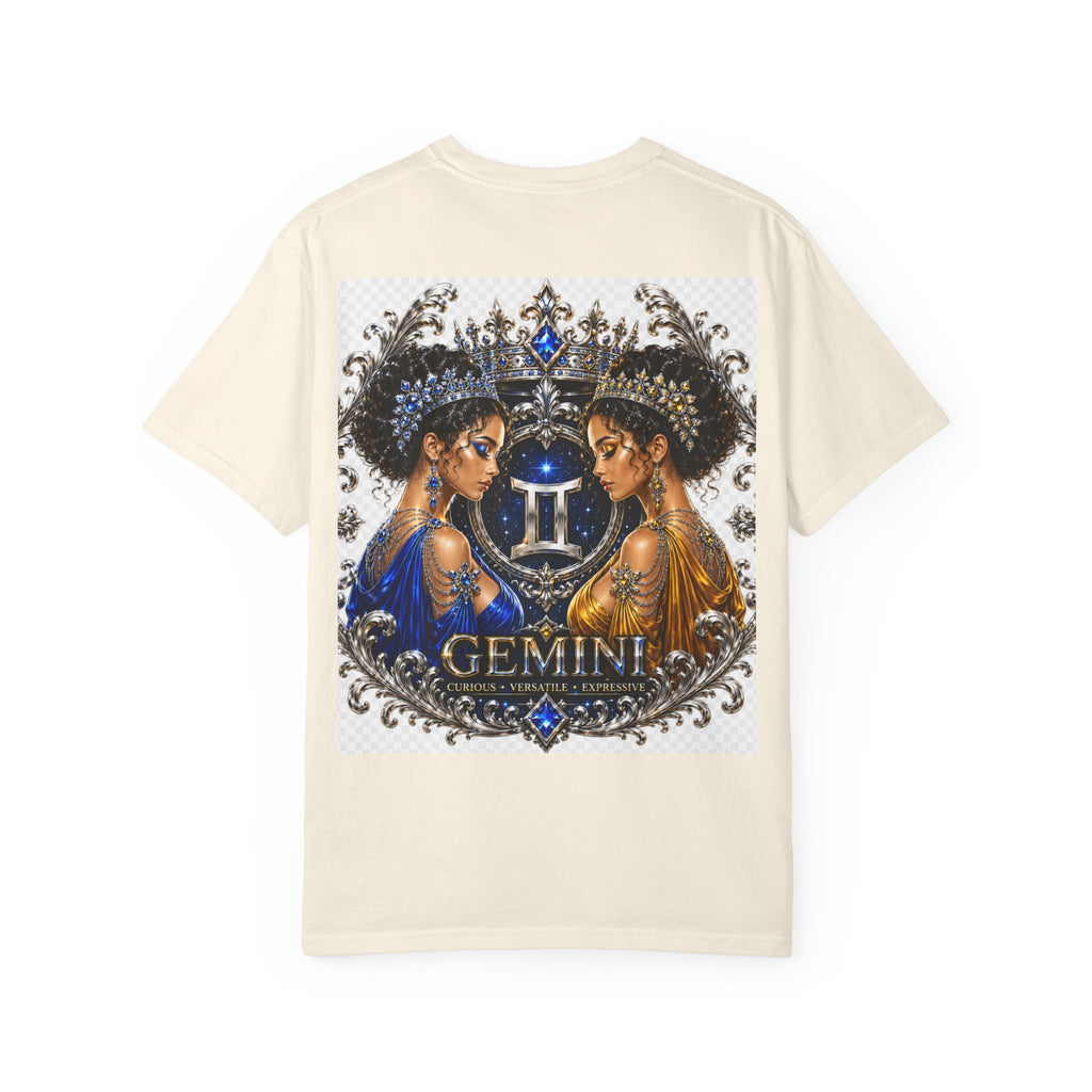 Gemini Zodiac Twin Queens T-Shirt — Elegant Blue & Gold Astrology Tee