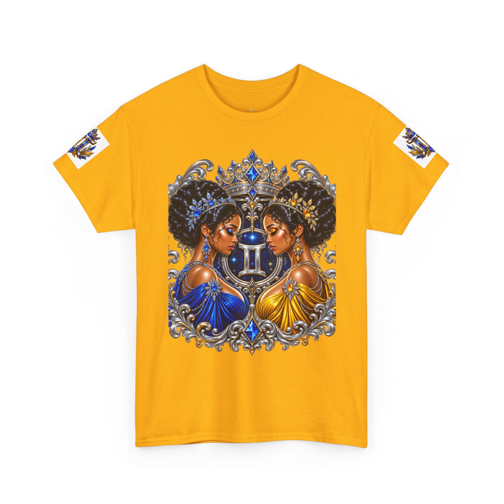 Gemini Zodiac Tee — Twin Sisters Astrology T‑Shirt (Blue & Gold)