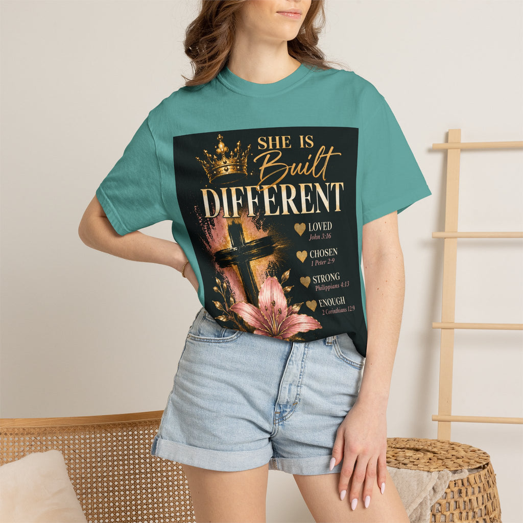 Christian Inspirational T-Shirt — "She Is Built Different / Built Right"