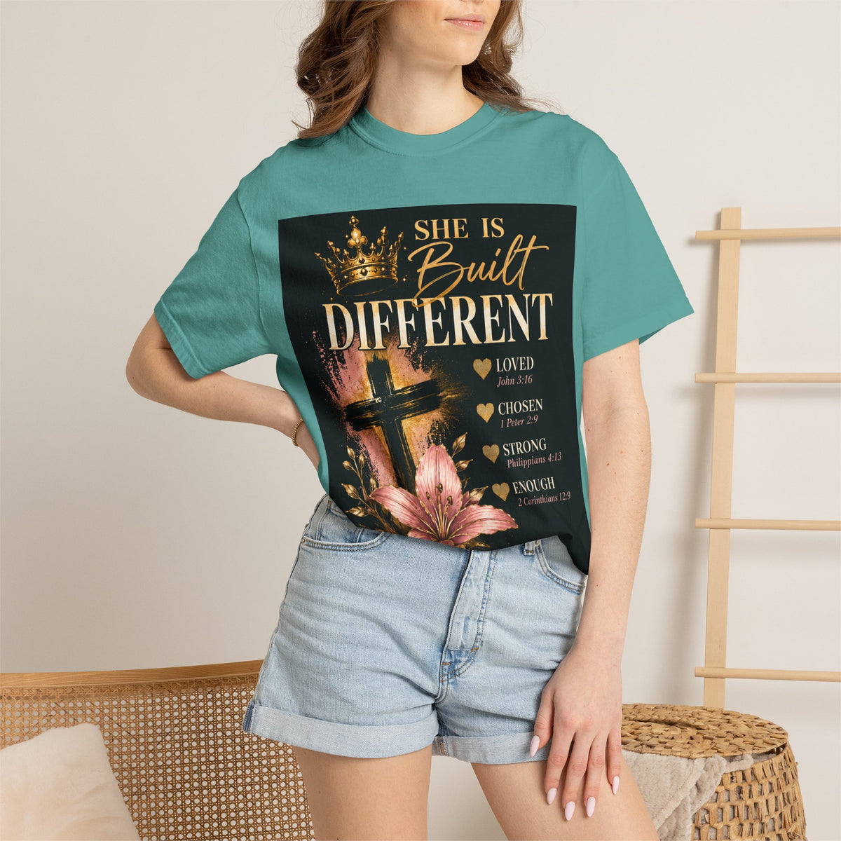 Christian Inspirational T-Shirt — "She Is Built Different / Built Right"