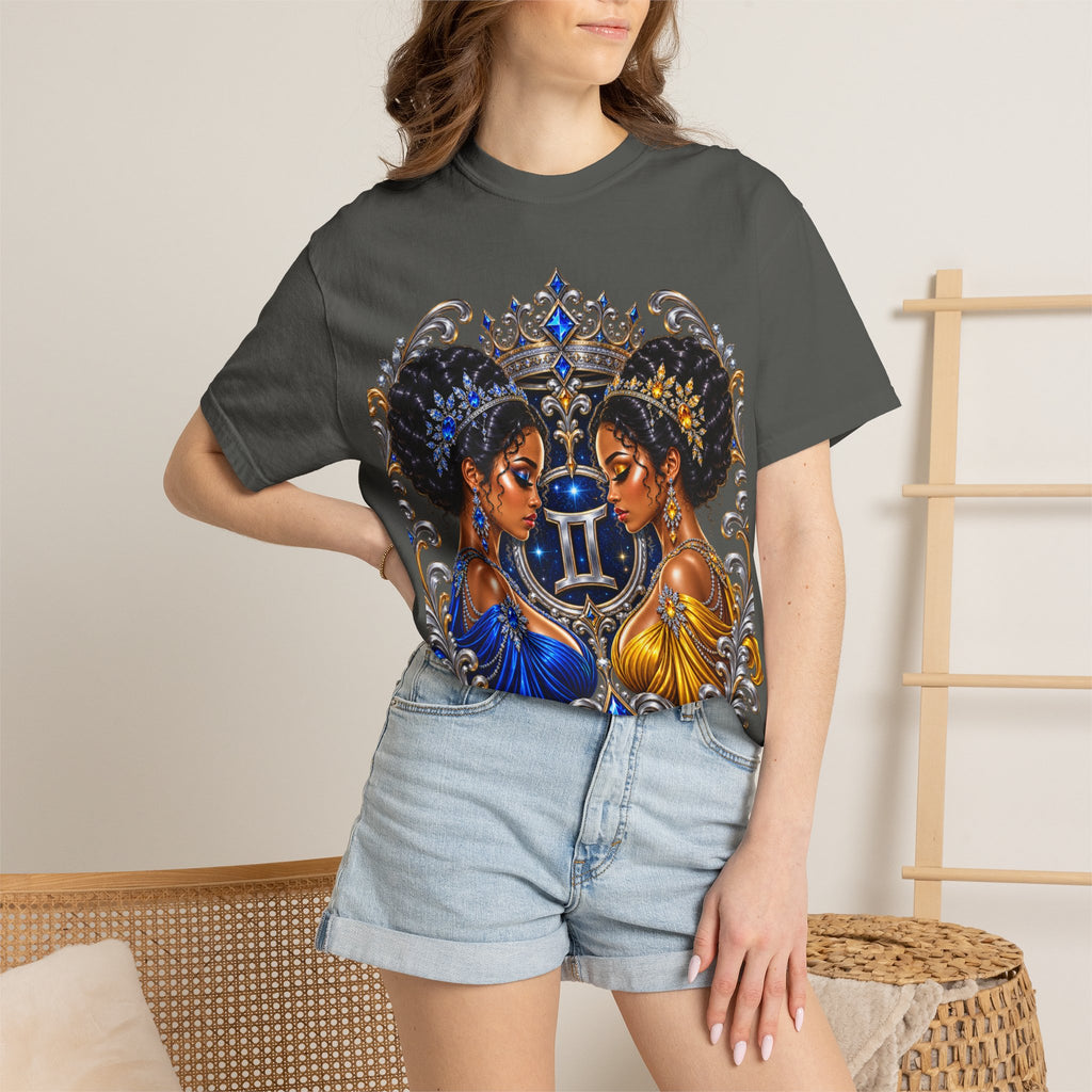 Gemini Zodiac Twin Queens T-Shirt — Elegant Blue & Gold Astrology Tee