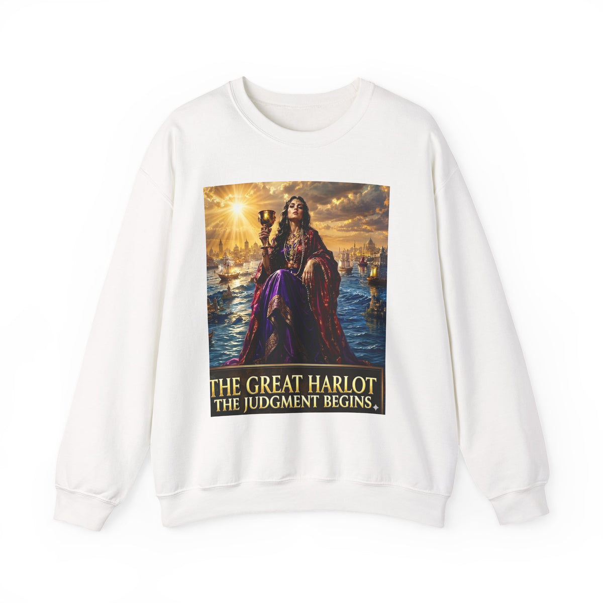 Crewneck Sweatshirt — "The Great Harlot: The Judgment Begins" Religious Graphic Pullover (Revelation 17:3)