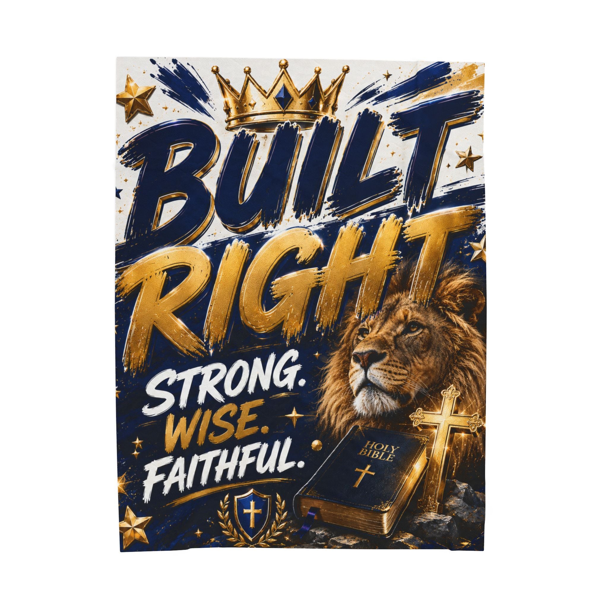 Built Right Velveteen Plush Blanket — Strong. Wise. Faithful. Lion & Bible Christian Throw
