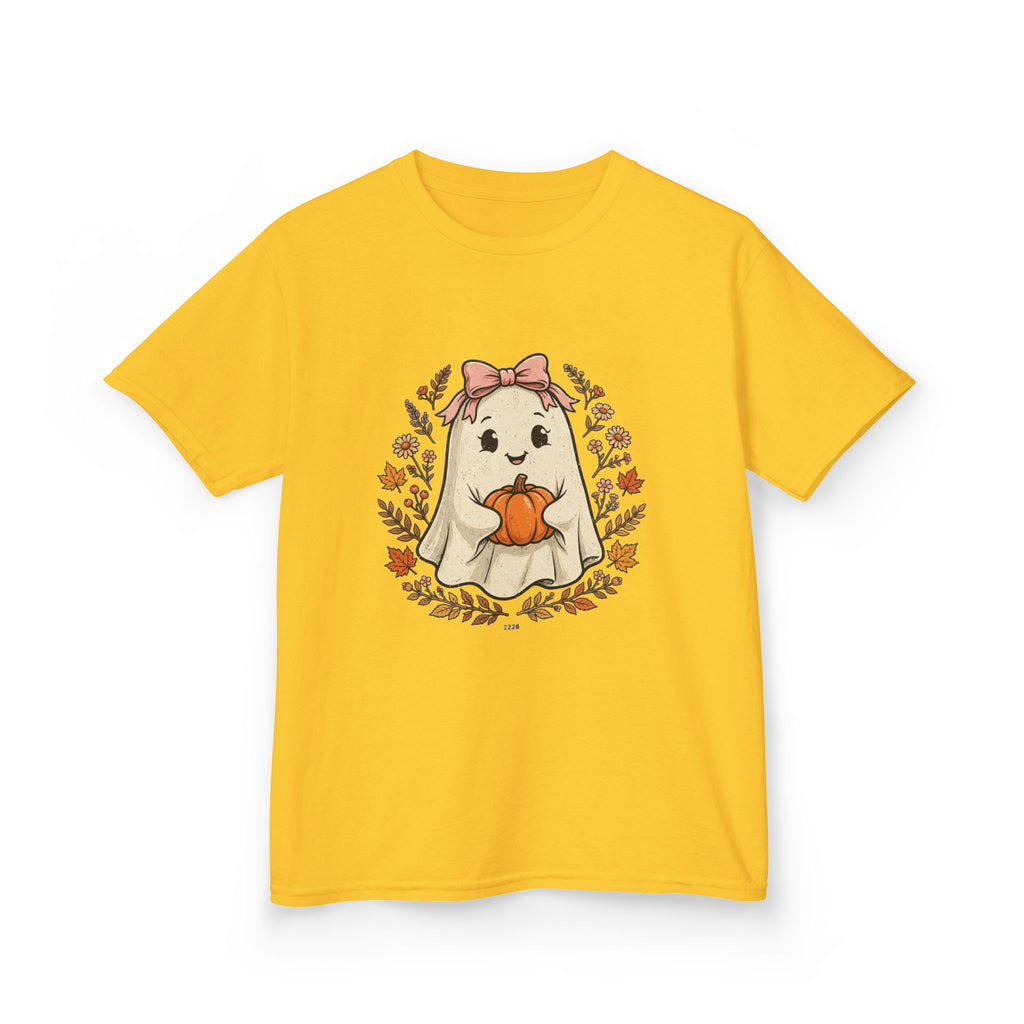 Kids Halloween Tee — Cute Ghost Holding Pumpkin "Spooky Season"