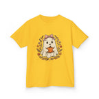 Kids Halloween Tee — Cute Ghost Holding Pumpkin "Spooky Season"