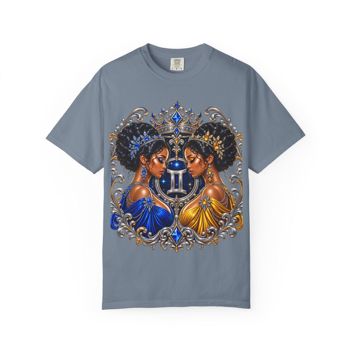 Gemini Zodiac Twin Queens T-Shirt — Elegant Blue & Gold Astrology Tee
