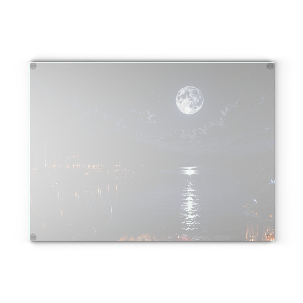 Moonlit Lakeside Glass Cutting Board — Scenic Nighttime Kitchen Board