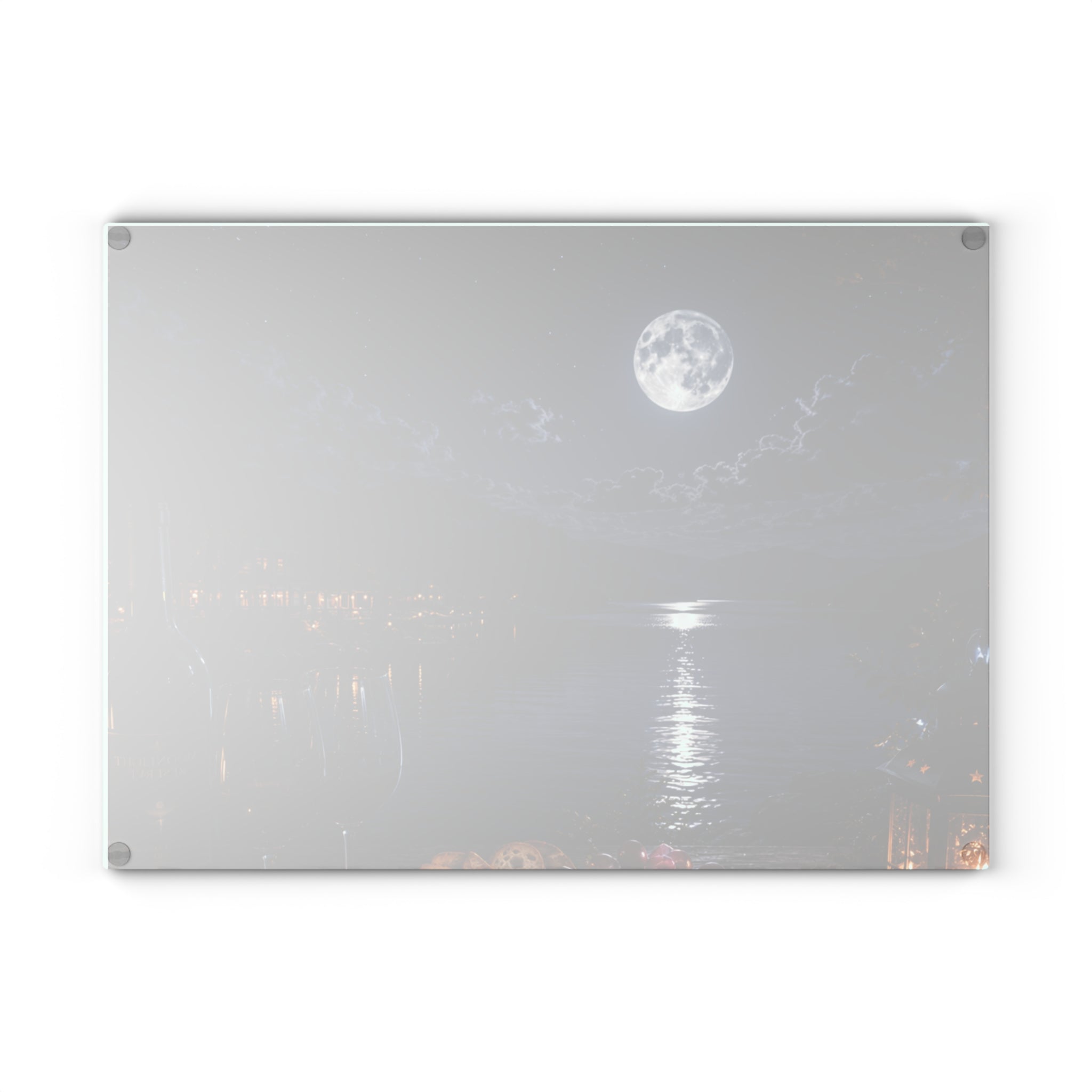 Moonlit Lakeside Glass Cutting Board — Scenic Nighttime Kitchen Board