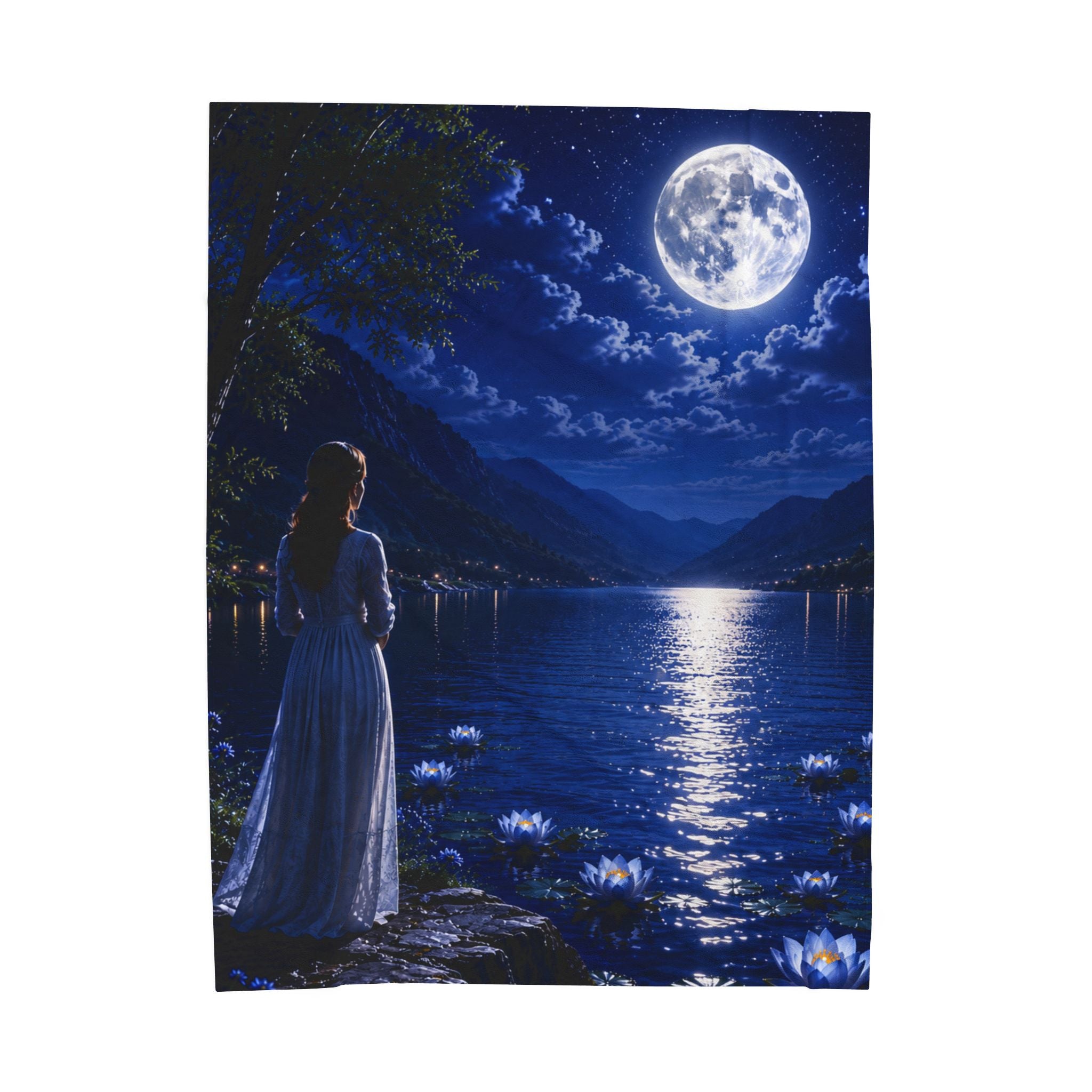 Moonlit Lake Velveteen Plush Blanket — Woman by Moonlight Scenic Throw