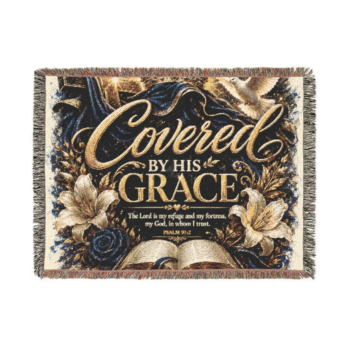 Covered by His Grace Woven Blanket — Inspirational Christian Throw with Floral Bible Design