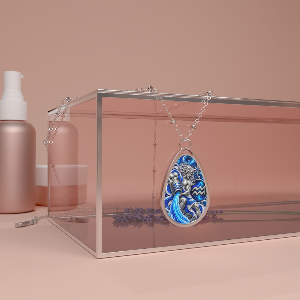 Aquarius Zodiac Oval Necklace — Silver Teardrop Pendant with Water-Bearer Design