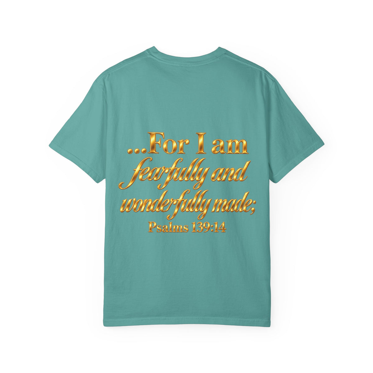 I Am God’s Masterpiece T-Shirt — Gold Script Faith Tee (Psalms 139:14)