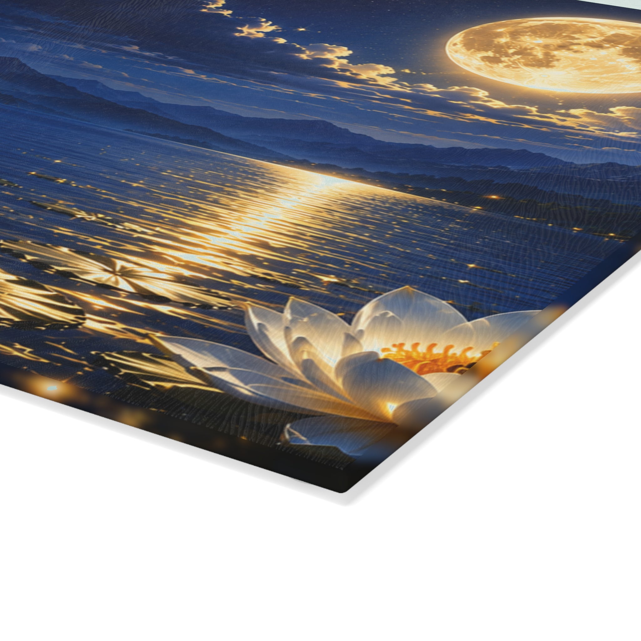 Moonlit Lotus Glass Cutting Board — Celestial Lake Kitchen Art & Serving Platter