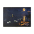 Glass Cutting Board — Serene Lighthouse Night with Cross & Water Lilies