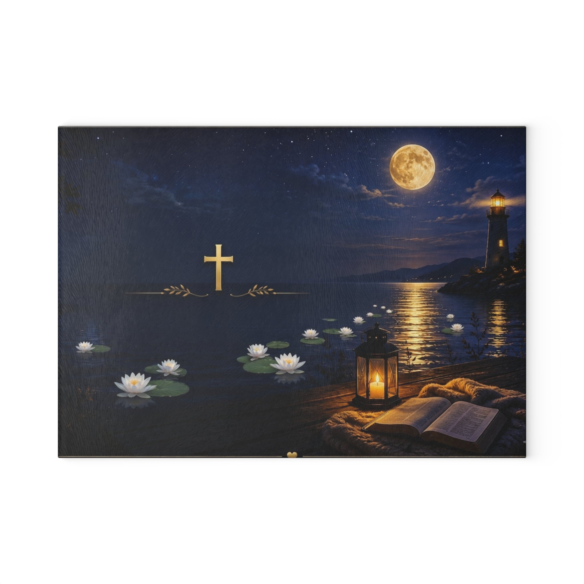 Glass Cutting Board — Serene Lighthouse Night with Cross & Water Lilies