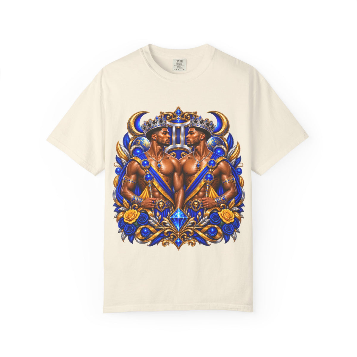 Gemini Zodiac T-Shirt — Bold Blue & Gold Twin Portrait Tee