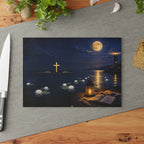 Glass Cutting Board — Serene Lighthouse Night with Cross & Water Lilies