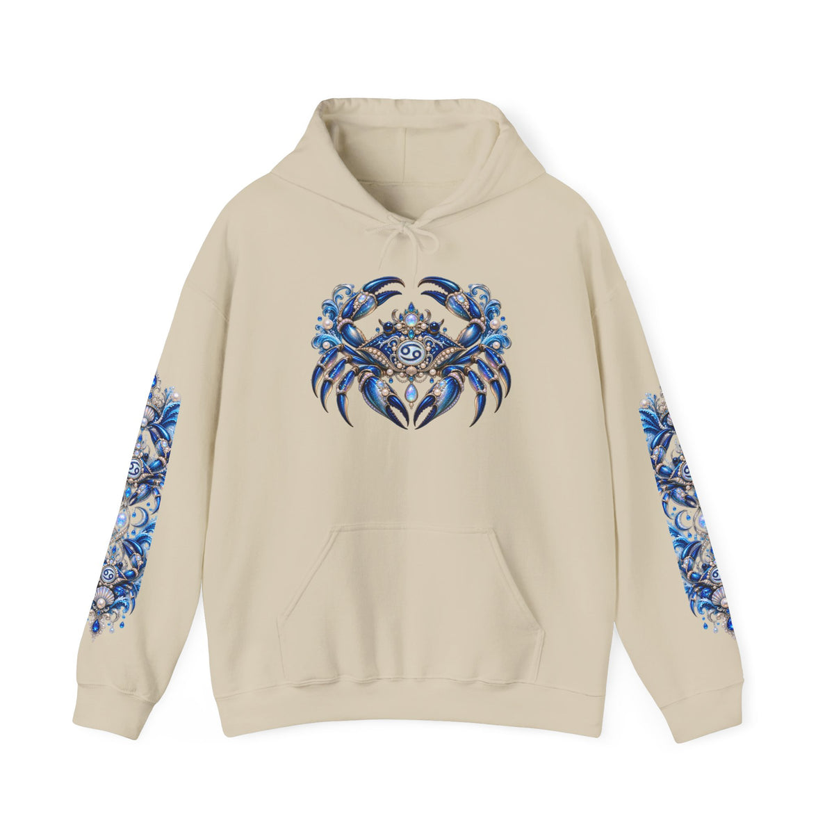 Cancer Zodiac Hoodie — Blue Crab Astrology Sweatshirt with Sleeve Art