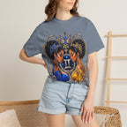 Gemini Zodiac Twin Queens T-Shirt — Elegant Blue & Gold Astrology Tee