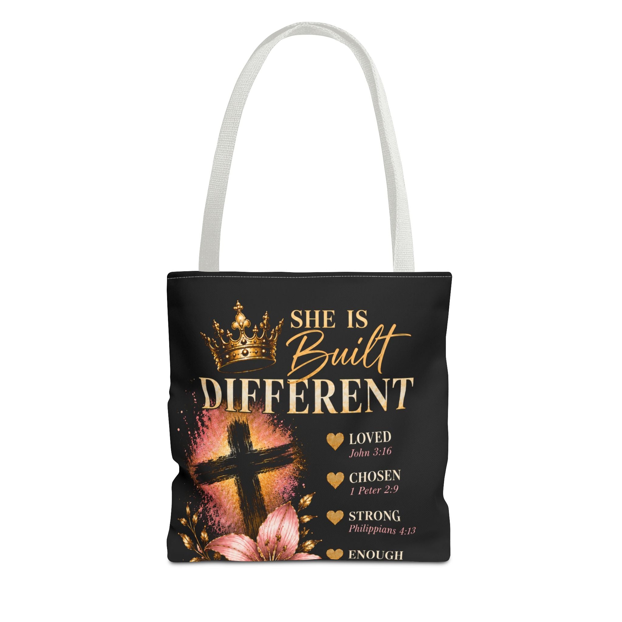She Is Built Different Christian Tote Bag – Inspirational Faith Cross Design