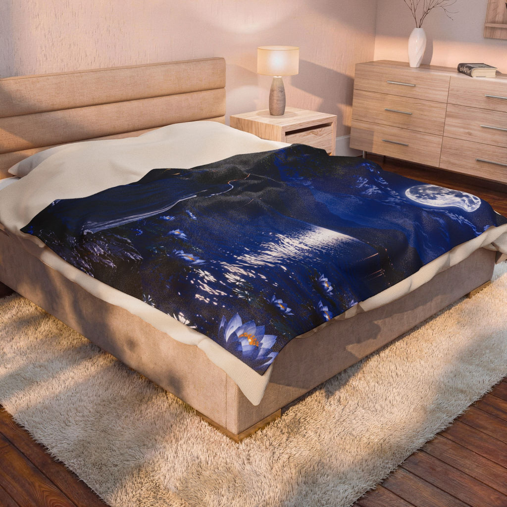 Moonlit Lake Velveteen Plush Blanket — Woman by Moonlight Scenic Throw