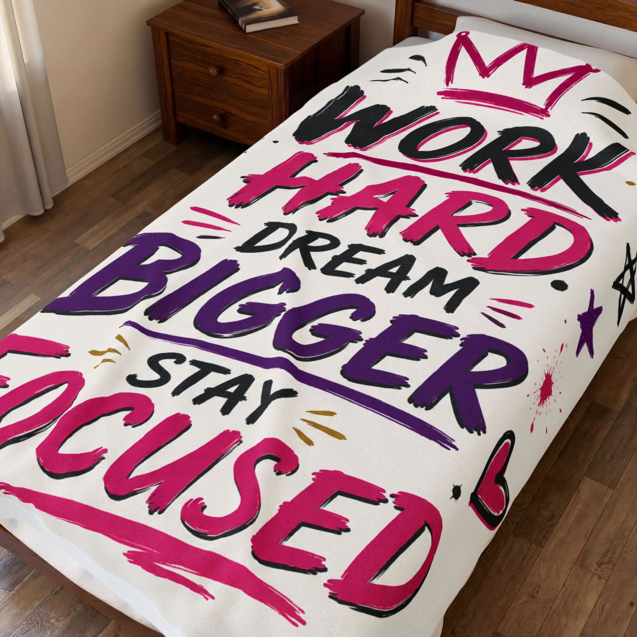 Motivational Plush Blanket - "Work Hard Dream Bigger Stay Focused" Velveteen Throw