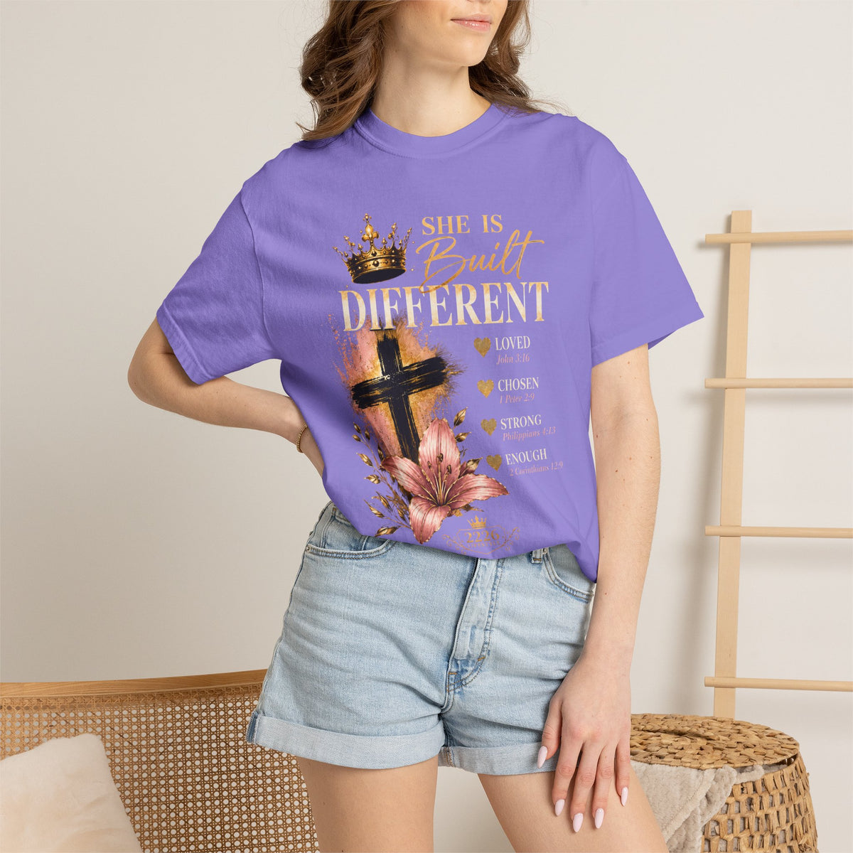 She Is Built Different Christian T-Shirt — Cross, Crown & Lily Faith Tee