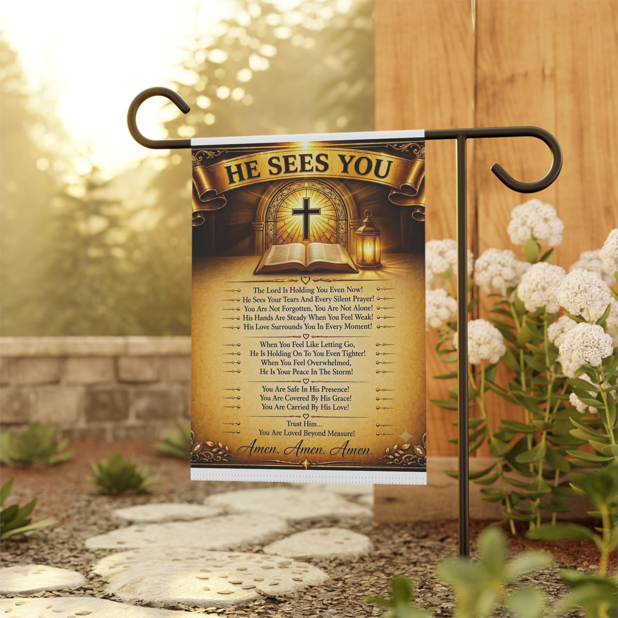 He Sees You Garden Flag - Christian Prayer Banner with Cross & Scripture