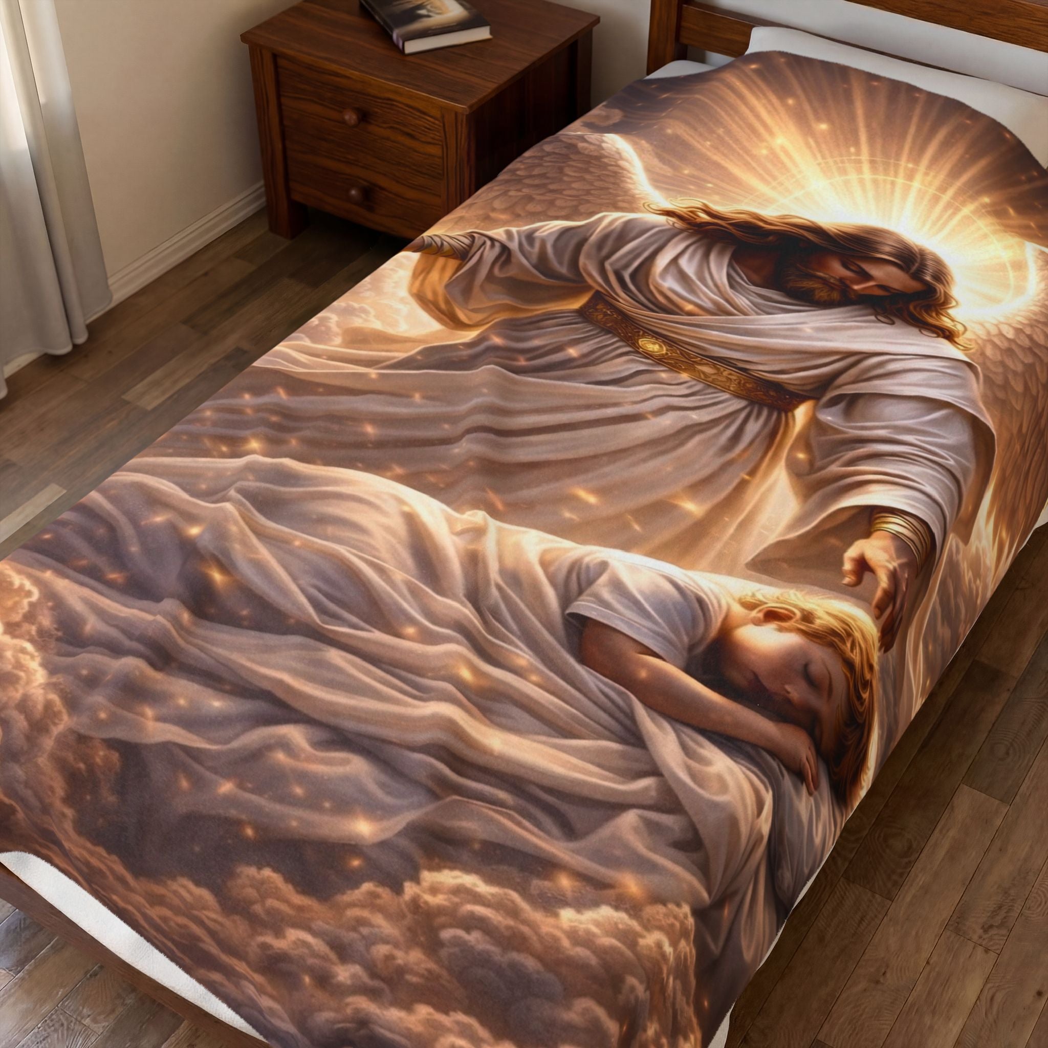Angel Watching Over Sleeping Child Velveteen Plush Blanket — Religious Comfort Throw