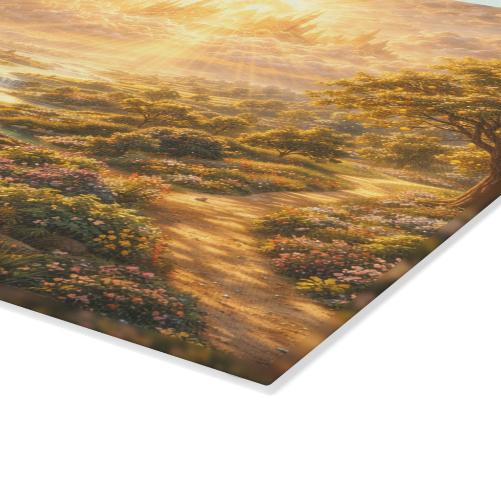 Glass Cutting Board — Serene Heavenly Landscape with River & Deer