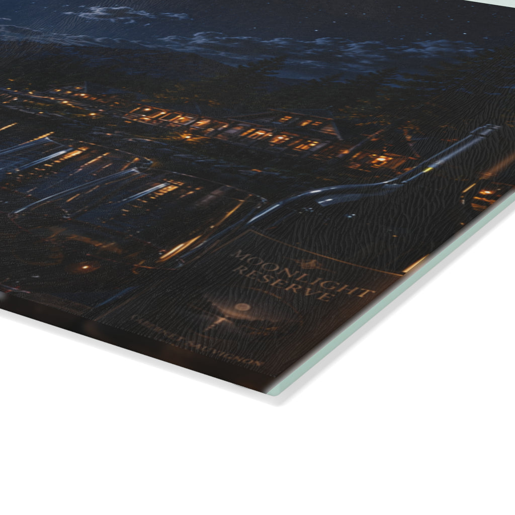 Moonlit Lakeside Glass Cutting Board — Scenic Nighttime Kitchen Board
