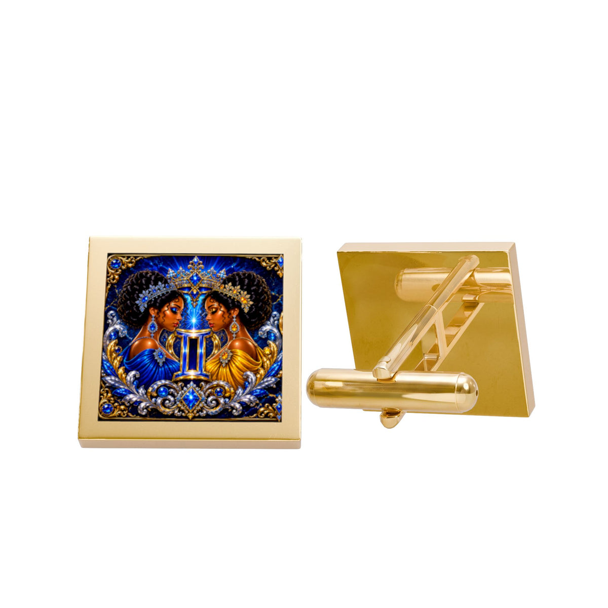 Gold Square Cufflinks with Blue Twin Portrait Design — Elegant Formal Accessory
