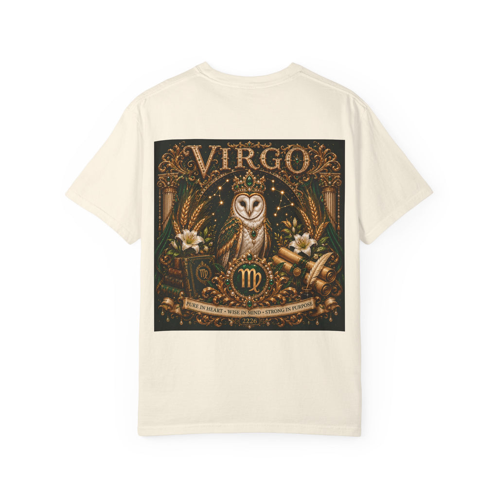 Virgo Zodiac T-Shirt — Elegant Virgo Goddess & Owl Horoscope Tee