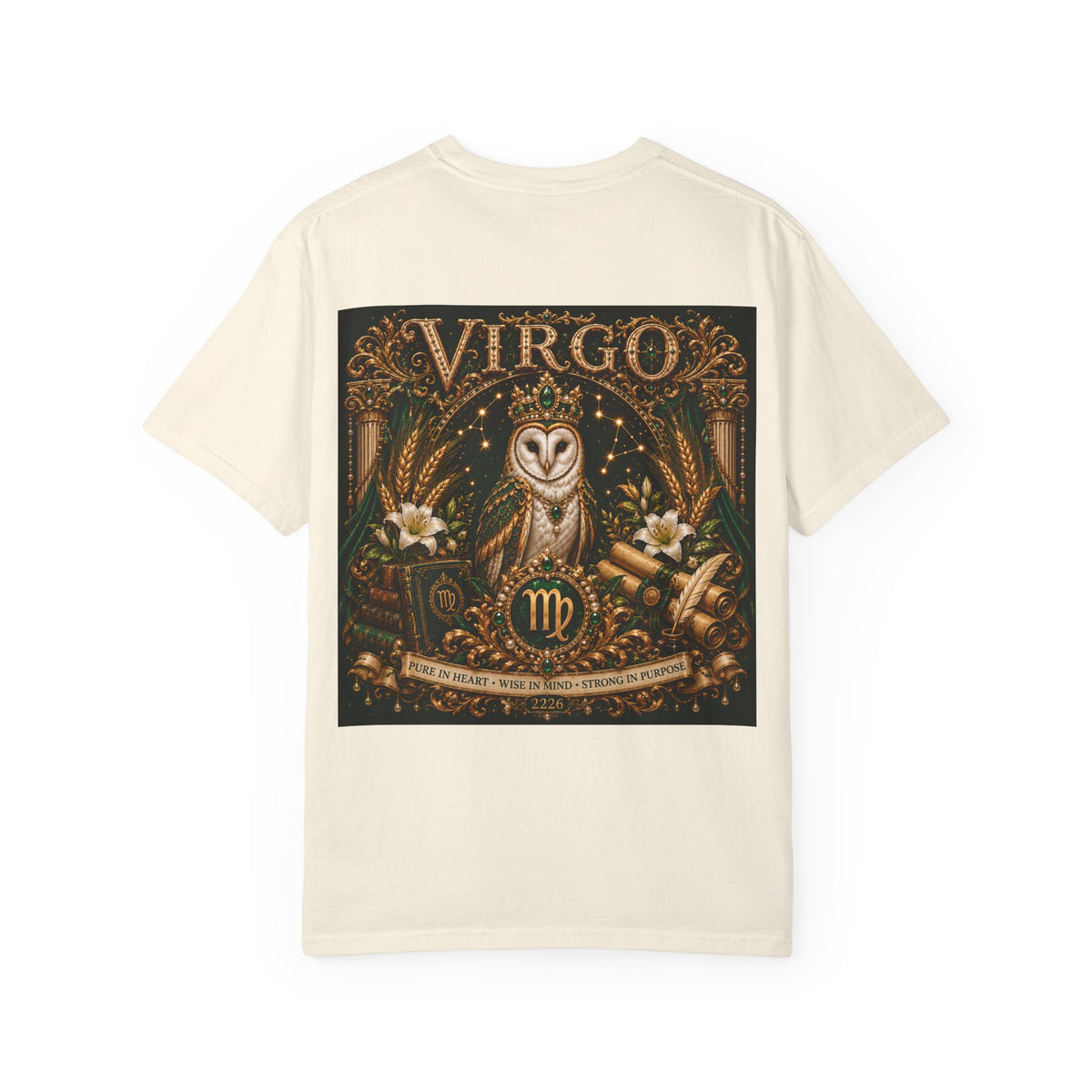 Virgo Zodiac T-Shirt — Elegant Virgo Goddess & Owl Horoscope Tee