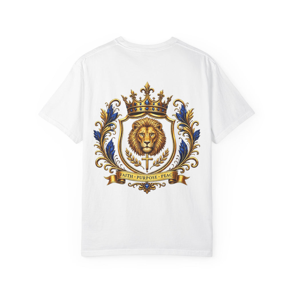 Lion Crest T-Shirt — Regal Crowned Lion with "Faith • Purpose • Peace" Back Graphic