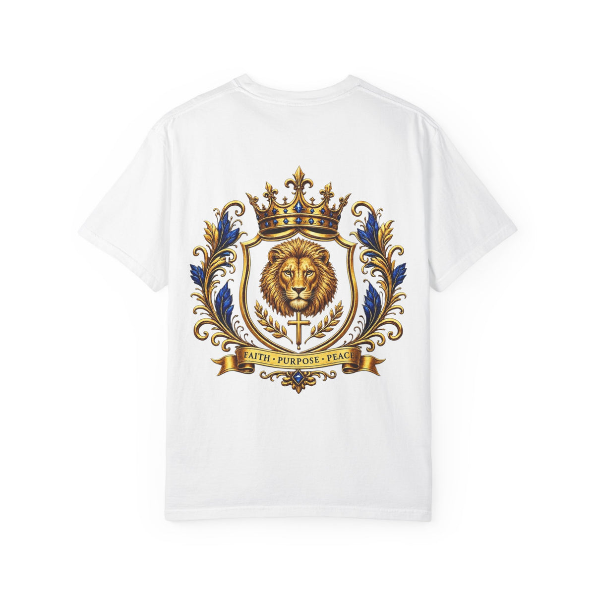 Lion Crest T-Shirt — Regal Crowned Lion with "Faith • Purpose • Peace" Back Graphic