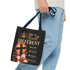 She Is Built Different Christian Tote Bag – Inspirational Faith Cross Design
