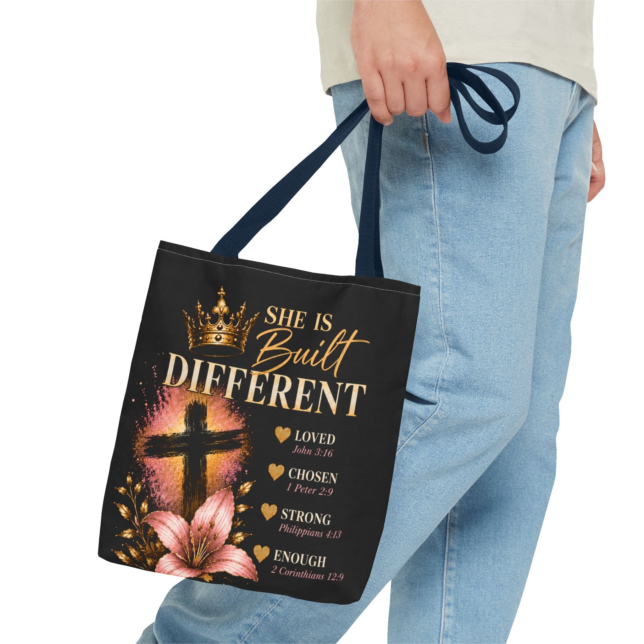 She Is Built Different Christian Tote Bag – Inspirational Faith Cross Design