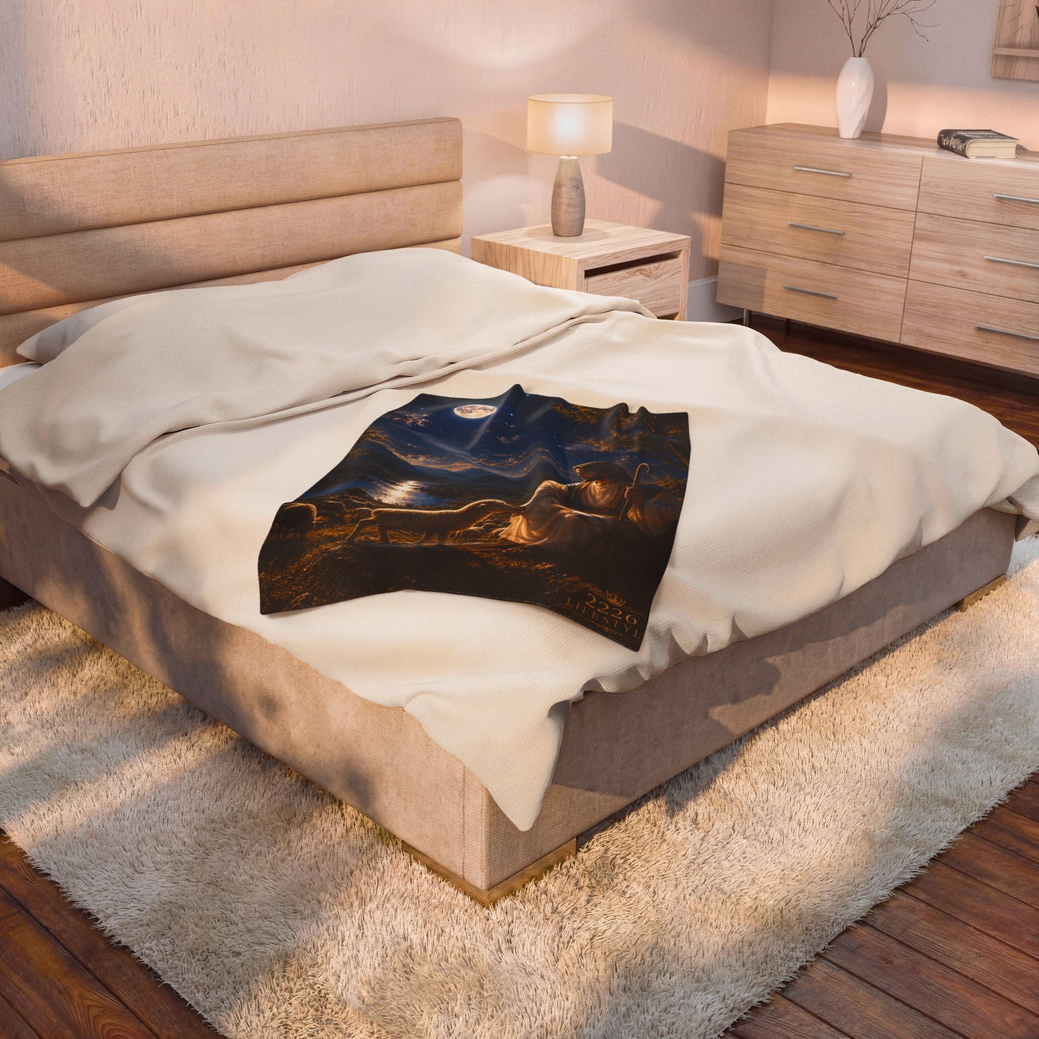 Velveteen Plush Blanket — "The Good Shepherd" Religious Throw (Jesus with Lambs, Moonlit Scene)