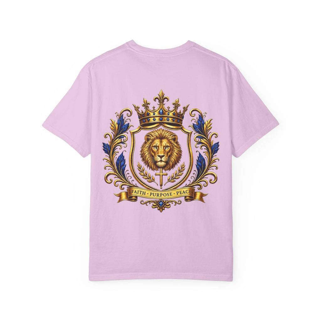 Lion Crest T-Shirt — Regal Crowned Lion with "Faith • Purpose • Peace" Back Graphic
